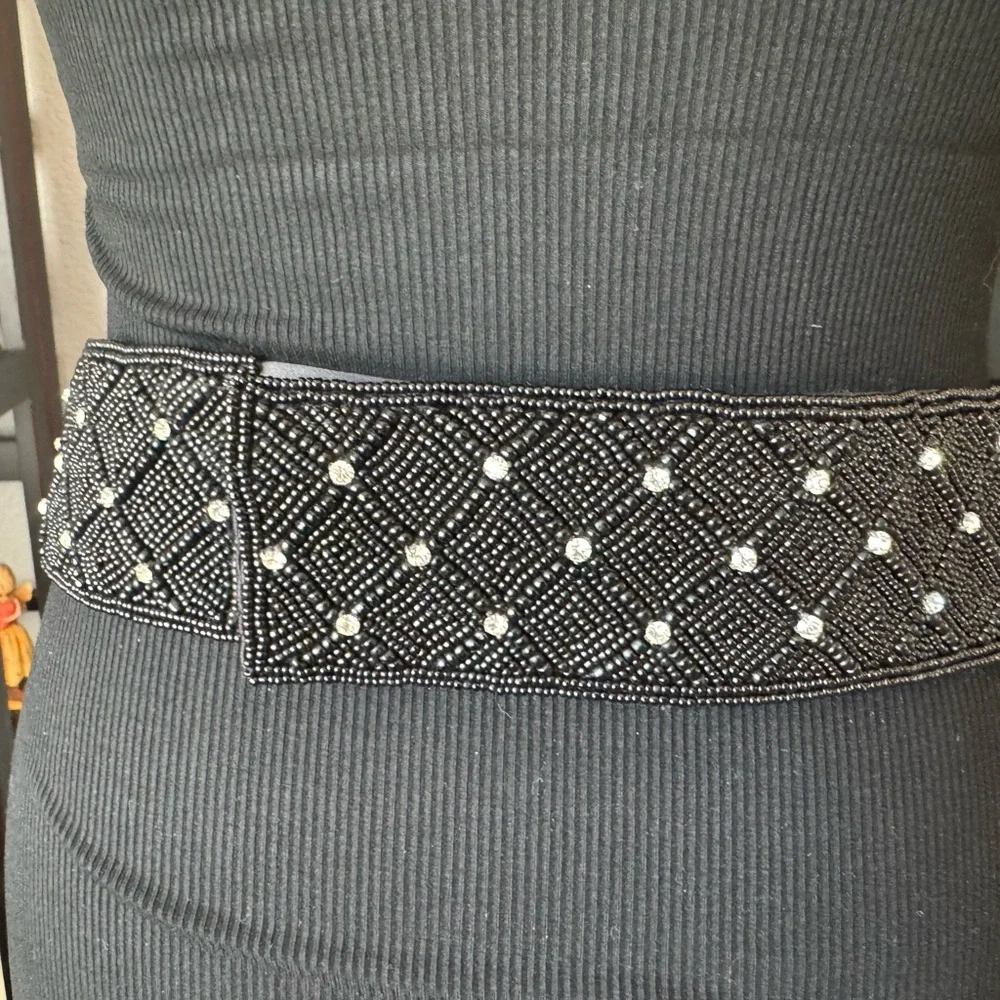 Magid Black Beaded Belt with Rhinestones